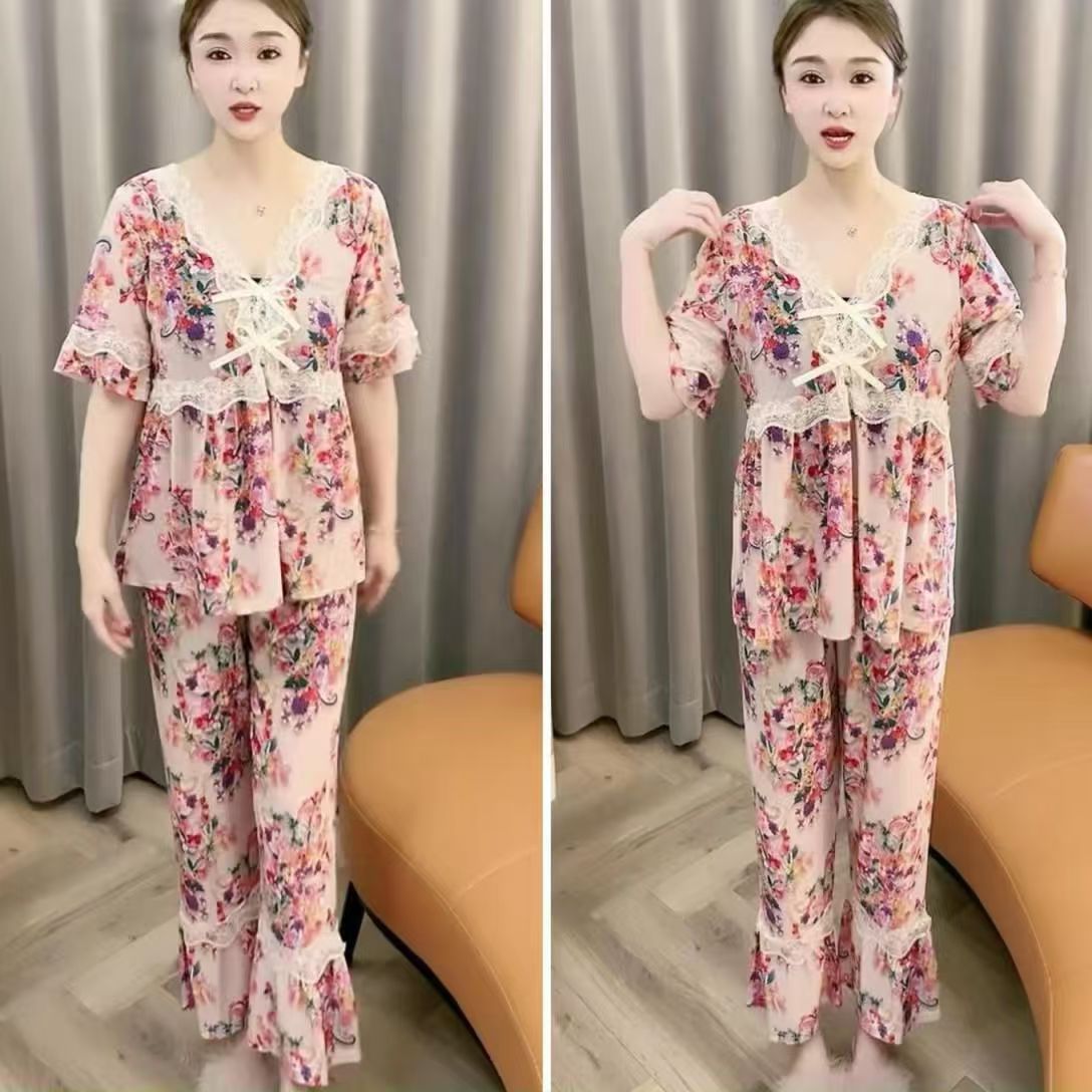 zp586-Ladies half-sleeve lace bow home wear suit