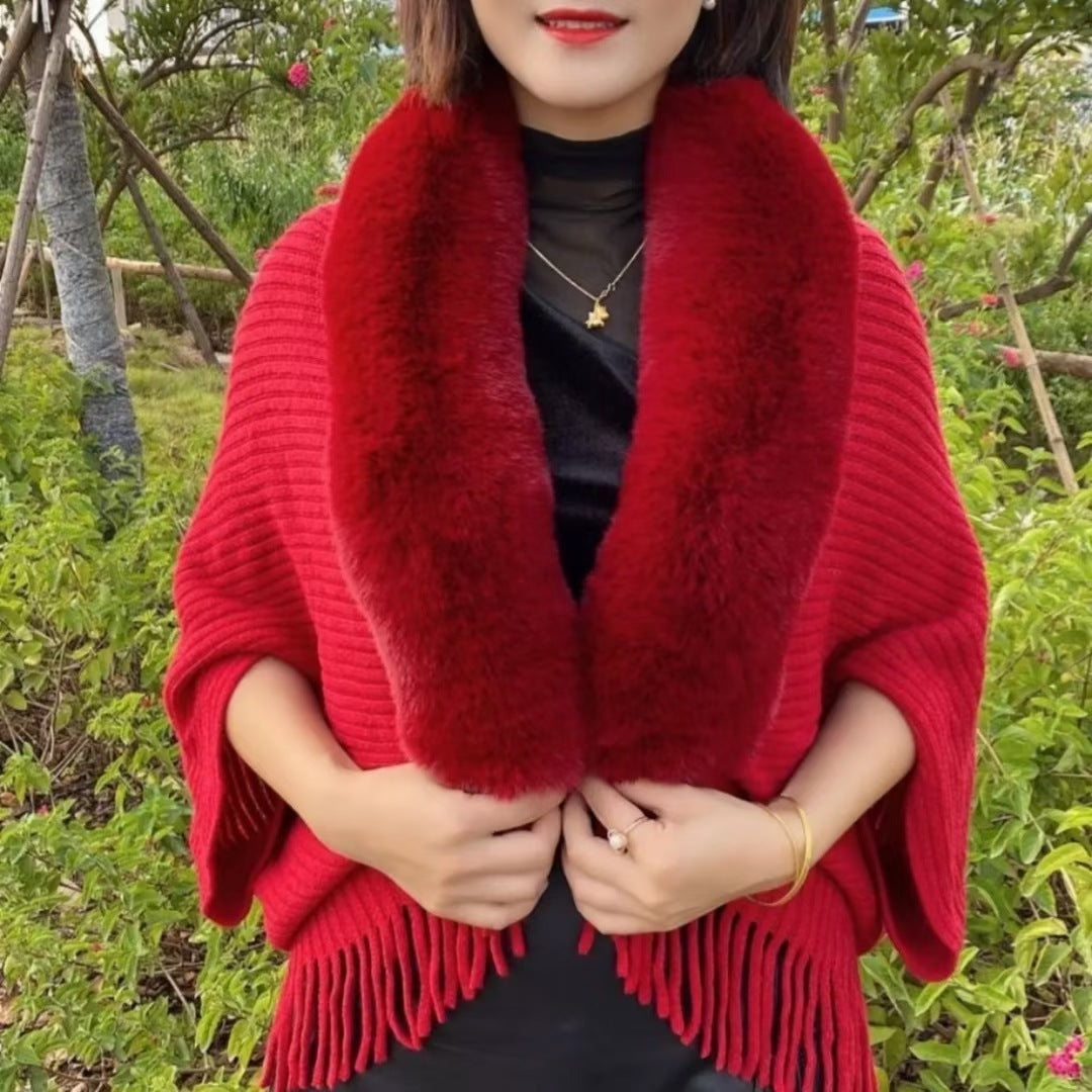 zp177-Autumn and winter wide fur collar warm tassel with cheongsam cloak shawl