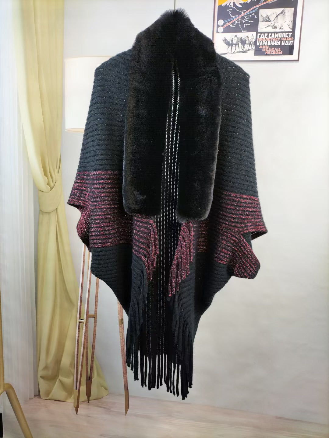 zp177-Autumn and winter wide fur collar warm tassel with cheongsam cloak shawl