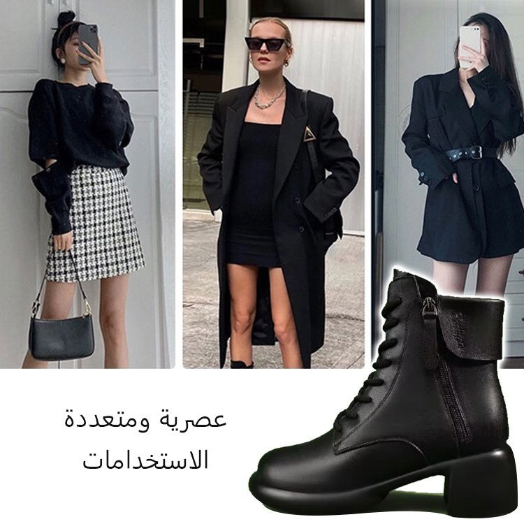 حذاء مارتن بكعب سميك وتصميم عالي الساق للسيدات بطراز كلاسيكي