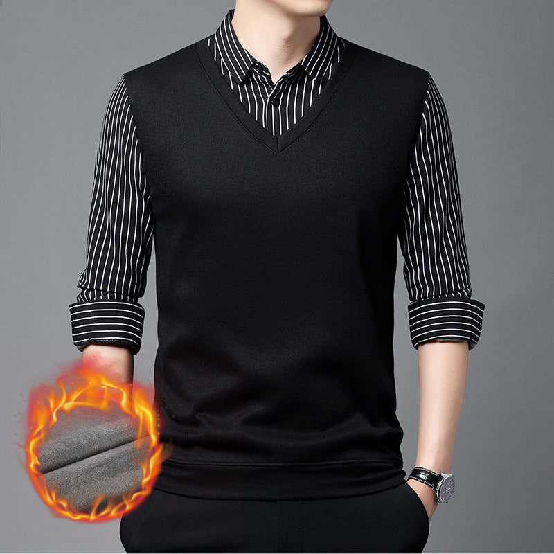 zd301-2024 Men's velvet fake two piece striped bottoming shirt