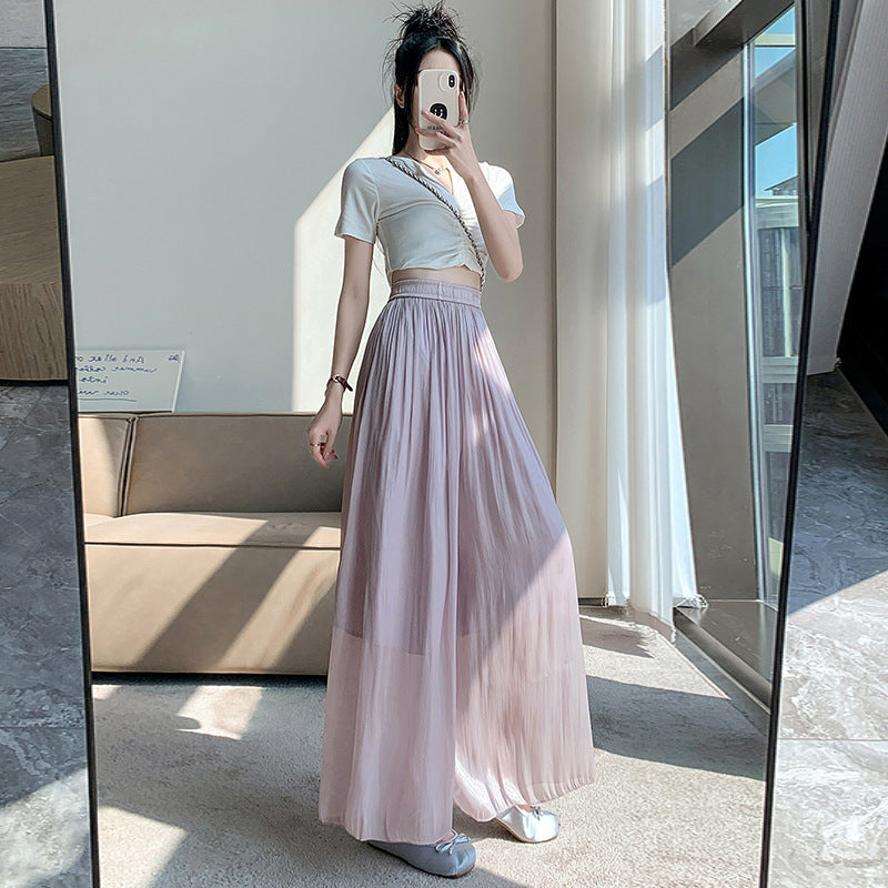 zp342-2024 Korean style high waisted double layer wide leg pants for women